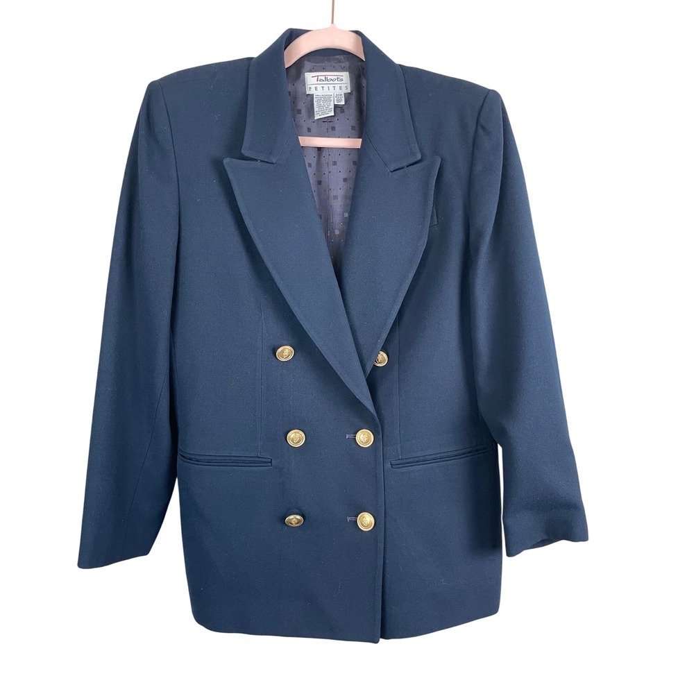 Talbots Petites Navy Blue 100% Worsted Wool Double Breasted Blazer Buttons 8P